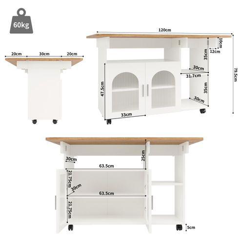 Kitchen Island w/ Drop Leaf, Glass Doors, Serving Trolley Storage Cabinet, White — image 7