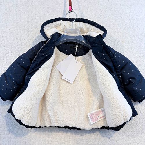name it Hooded Sherpa Lined Puffer Jacket Full Zip Navy/Gold Polka Dot 9-12M — image 1
