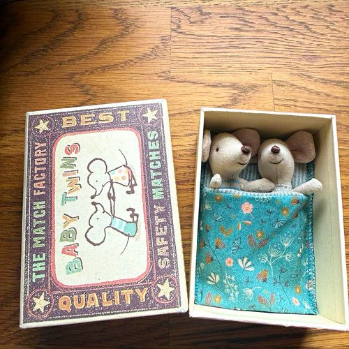 Maileg Baby mouse  twins  retired  w/ Bedding in Matchbox Box