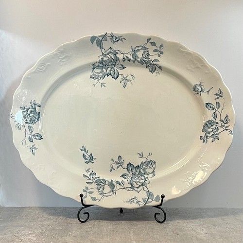 Antique Serving Plate Platter Blue Hancock Rosalind China 1916 WW1 XL 18" x 14"