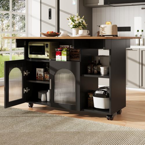 Kitchen Island Storage Trolley Serving Cart Cabinet Drop Leaf Table Top, Black — image 2