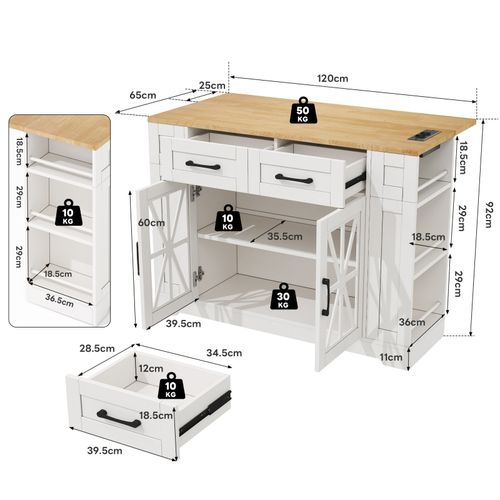 Kitchen Island, Storage Cupboard with Drop Leaf Countertop & Side Racks, White — image 9
