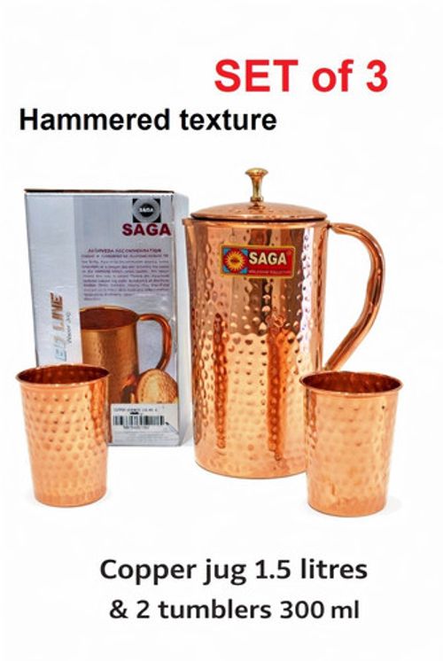 Pure 100% Copper 1.5 L Water Jug Pitcher with 2 Glasses 300 ml SET 3 Ayurvedic