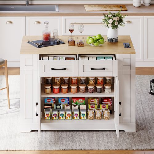 Kitchen Island, Storage Cupboard with Drop Leaf Countertop & Side Racks, White — image 3