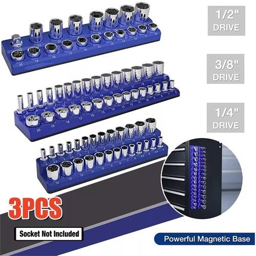 3 X Magnetic Socket Organizer Storage Holder Tool 1/4" 3/8" & 1/2" Drive Metric