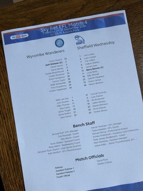 Wycombe v Sheffield Wednesday Sep 2027 league 1   official teamsheet 