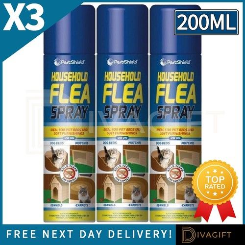 3 x FLEA KILLER SPRAY 200ML AEROSOL ANIMAL DOG CAT PET BED FOR HOME FLEA CARE