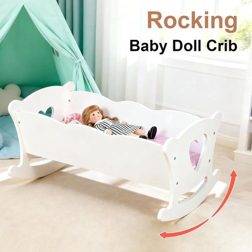 White Dolls Cradle Crib Cot with Bedding Set for 18-20" Dolls Wooden Rocking Bed