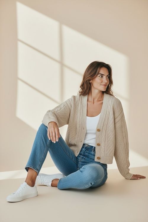 Beige Cable Knit Cropped Cardigan Button Up Chunky Knit V Neck UK M 10-12 New — image 3
