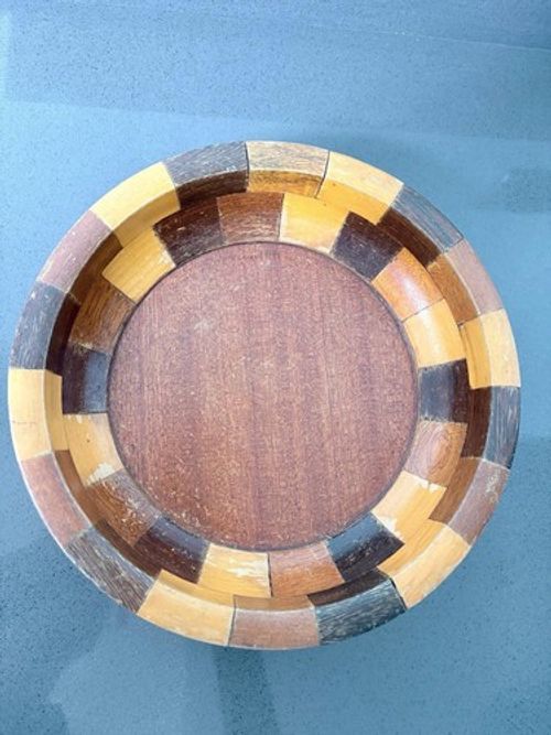 Vintage Wood Treen Tableware Bowl with Checkered Parquetry Rim & Felt Base