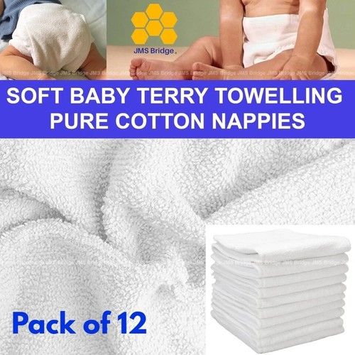 12x Premium Soft Baby Terry Towelling Nappies 100% Cotton Cloth Reusable 60x60xm
