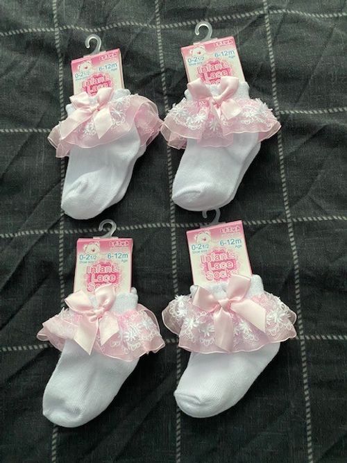 Baby Girls Lace and Bow Frilly Socks White and Pink Various Sizes — image 4