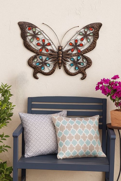 Solar Powered Metal Jewelled Butterfly Wall Art Garden Outdoor Decoration Light — image 2
