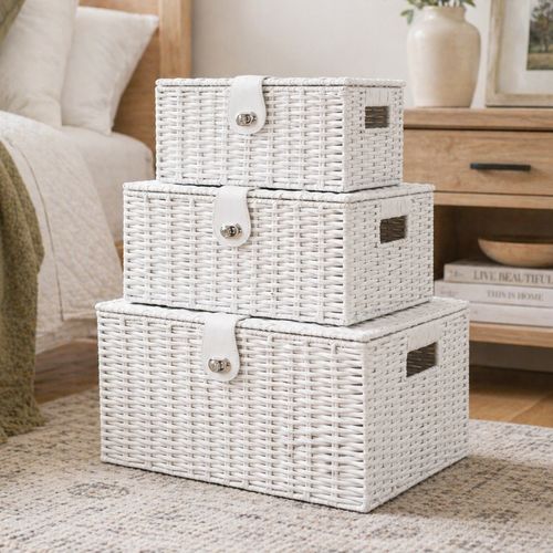 Wicker Storage Basket White x3 Laundry Hamper Stackable Lid Lock Home Decor — image 23
