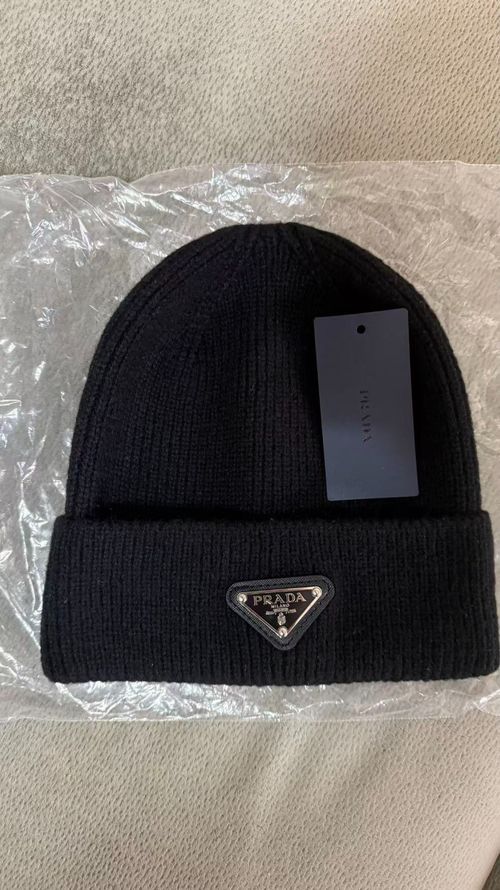 PRADA Milano Black Wool Knit Beanie Hat w/ Triangle Logo Patch One Size — image 3