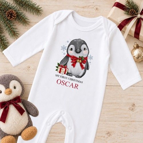 Personalised Baby Christmas Outfit Jingle Bell Penguin Sleepsuit Vest Bib Name