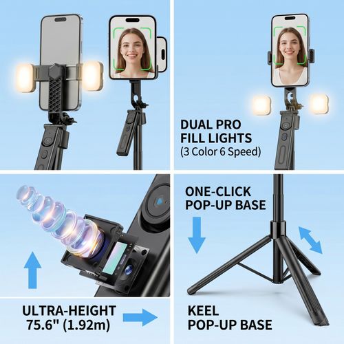 192cm 360 AI Face Tracking Selfie Stick Tripod w/2 Fill Lights Auto Open Stand — image 14