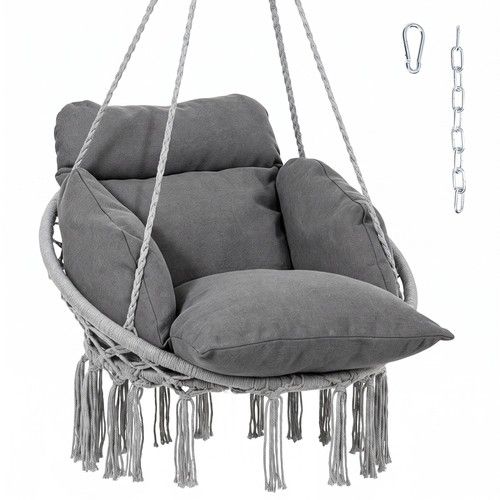 Outsunny Hammock Chair, Boho Hanging Swing Chair with Cushion, Dark Grey