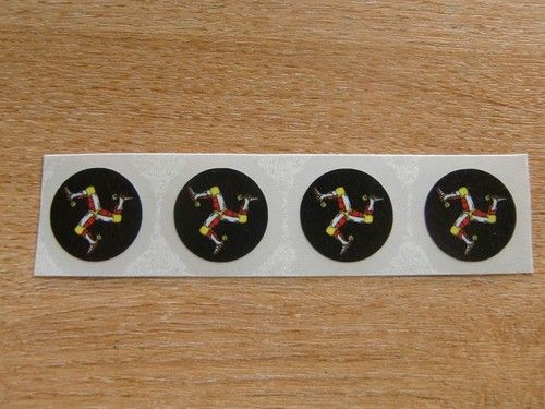 set of 4 small decals - isle of man legs on 25mm circle - BLACK with colour legs