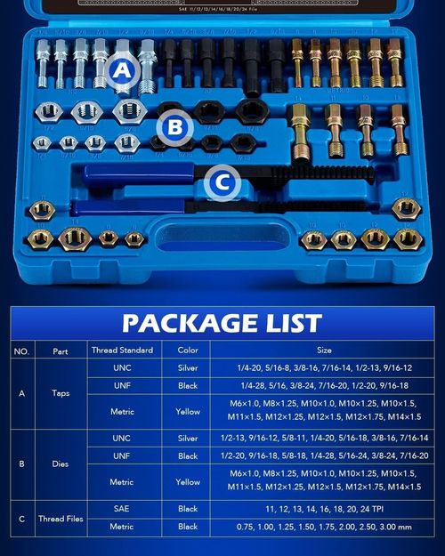 49PCS Thread Repair Chaser Tool Thread Restorer UNC UNF Metric File Tap Die Kit — image 11