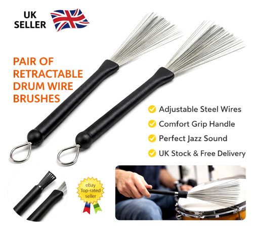 1 pair Drum Wire Brushes Pair  Retractable Steel Jazz Rock Drum Brushes Sticks ✅