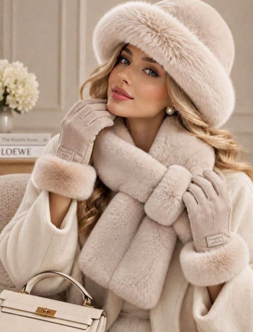 3pc Women's Winter Faux Fur Hat Scarf Gloves Set, Plush Bucket Hat, Cross Scarf