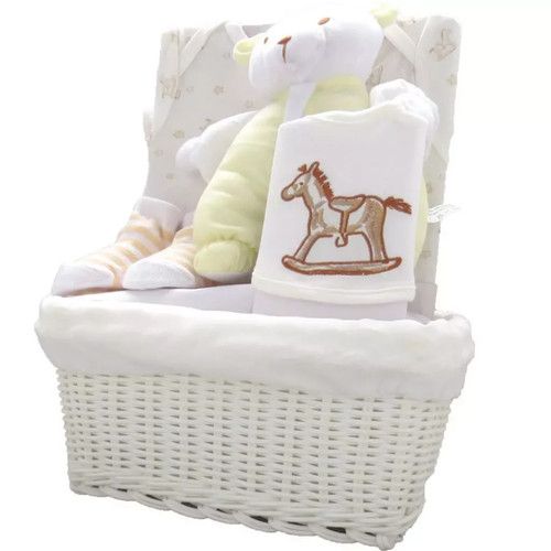 New Baby Basket Gift Hamper 5 Piece Layette Set ~ Rocking Horse Cream ~ 0-3M