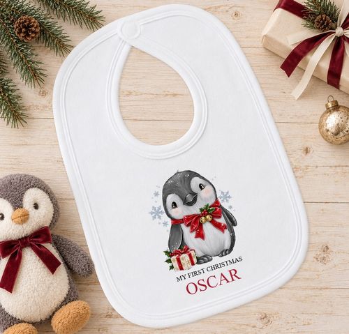 Personalised Baby Christmas Outfit Jingle Bell Penguin Sleepsuit Vest Bib Name — image 5