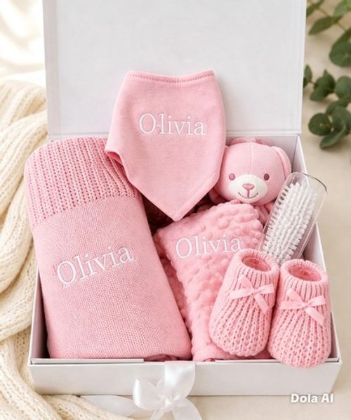 Personalised Baby Girl Gift Set Embroidered Name Pink Newborn Keepsake Box