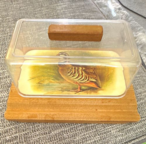 Covered Butter Dish with Clear Lid, Matte Wood Base, Bird Pattern Rustic