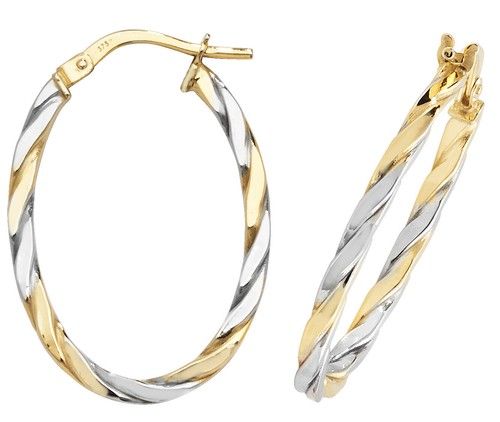 9CT YELLOW & WHITE GOLD OVAL HOOP EARRINGS - TWO TONE GOLD