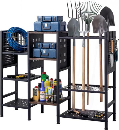 Garden Tool Storage Rack, 3 Tier Metal Yard Tool Organizer with Wooden Shelves,
