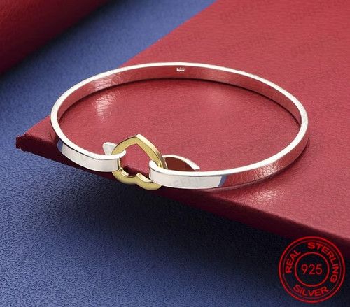 925 Sterling Silver Gold Heart Bangle Bracelet Women Wedding Party Jewelry UK