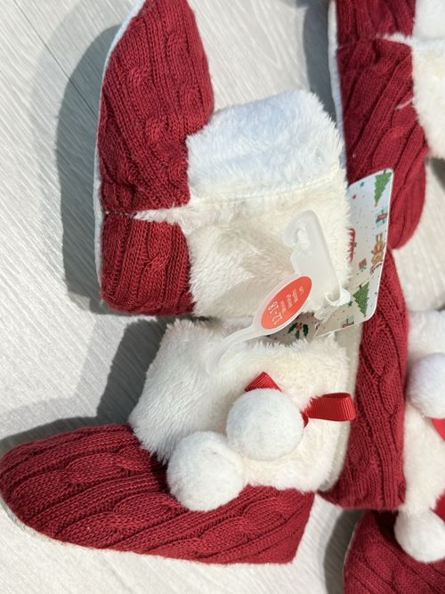 Christmas Unisex Baby Red/White Knit Booties Faux Fur Bow Pom Poms 12-18M — image 4