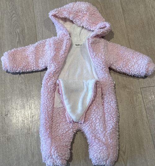 Girls Pink Hooded Fluffy Double Zip Snow Suit Age 0-3 Months