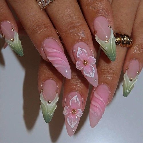 24PCS Summer Almond Press On Nails 3D Flower Beach False Nail Tips Full Cover