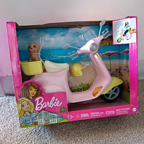 Barbie Pink Scooter Vehicle with Sidecar & Pet Figure Set, No Battery, 3+
