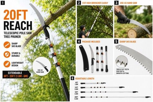 20ft / 6meter Telescopic Pole Saw Tree Pruner Branch Cutter 2-in-1