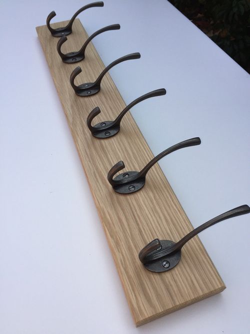 Handmade Solid Oak Coat Rack | Antique Cast Iron Hooks | Rustic Wall Mounted Rai — image 2