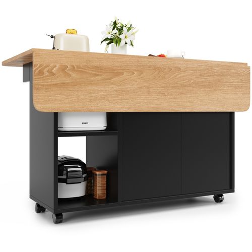 Kitchen Island Storage Trolley Serving Cart Cabinet Drop Leaf Table Top, Black — image 10