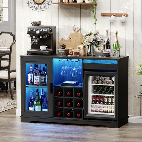 Coffee Bar Cabinet with Fridge, 47" Buffet Sideboard with Wine Rack & LED Lights