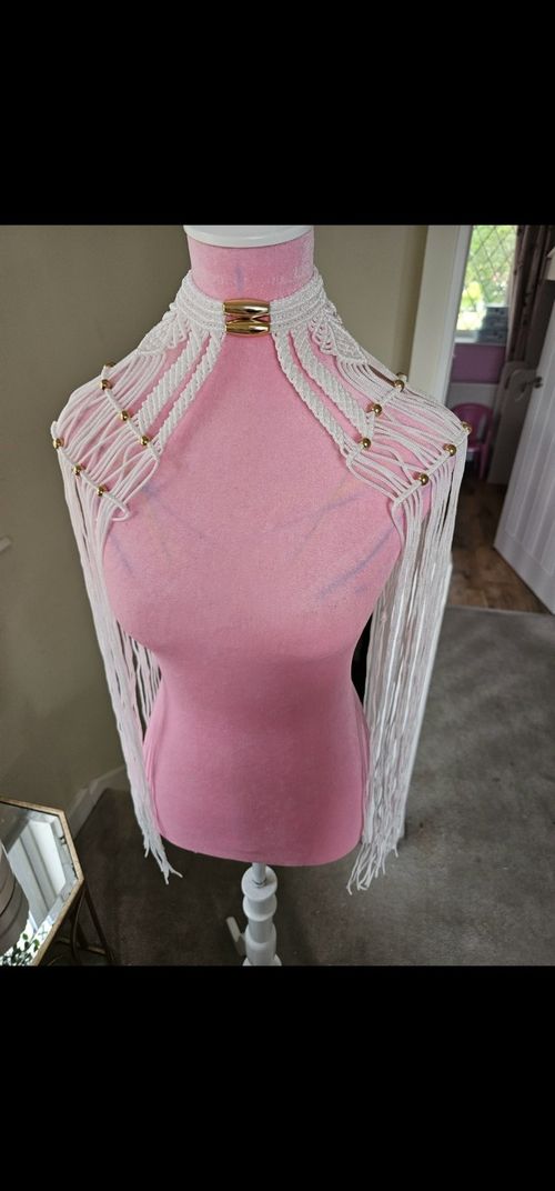 White Cotton Macrame Body Chain Harness Necklace, Gold Tone Brass Beads Buckle — image 4