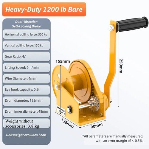Compact Hand-Crank Winch Heavy-Duty Rope Hand-Crank Self-Locking Winch 1200 Lbs