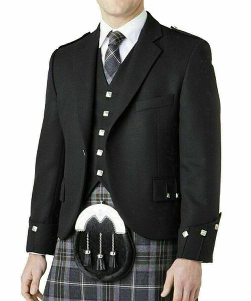BLACK Men's Argyle Kilt Jacket And 5 Button Vest Scottish Wedding Kilts Jacket — image 2