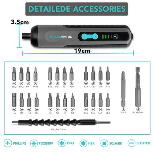 BlueMars 3.6V Cordless Electric Screwdriver Set, 27 Bits, 5Nm, Type-C, Led Light — image 3