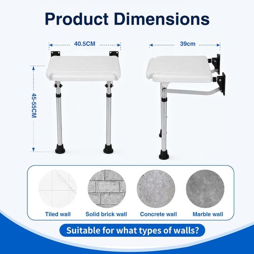 Wall Mounted Folding Shower Seat Adjustable Bath Stool Non Slip Support Legs — image 2