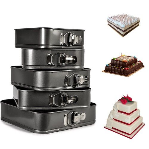 CAKE TIN SET OF 5 ROUND SQUARE SET NON STICK SPRING FORM LOOSE BAKING