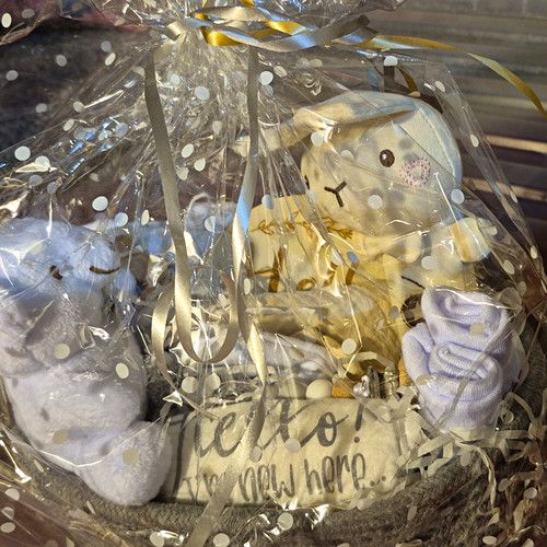 Newborn Baby Gift Basket Hamper Cotton Blanket Socks Wooden Teether Soft Toy