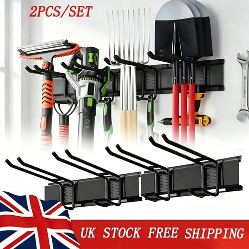 2x Garage Garden Tool Holder Storage Rack Shed Wall Mounted Organiser Long Hooks — image 1
