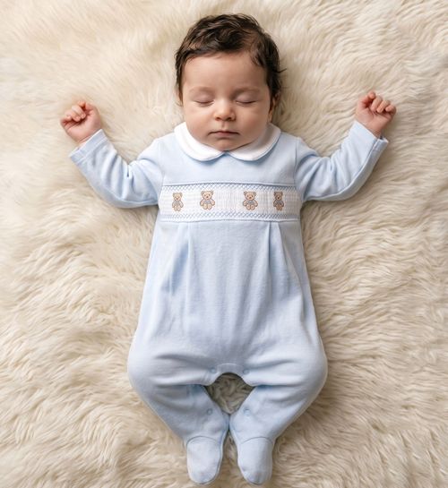 Baby Boy Velour Sleepsuit Smocked Teddy BLUE — image 3